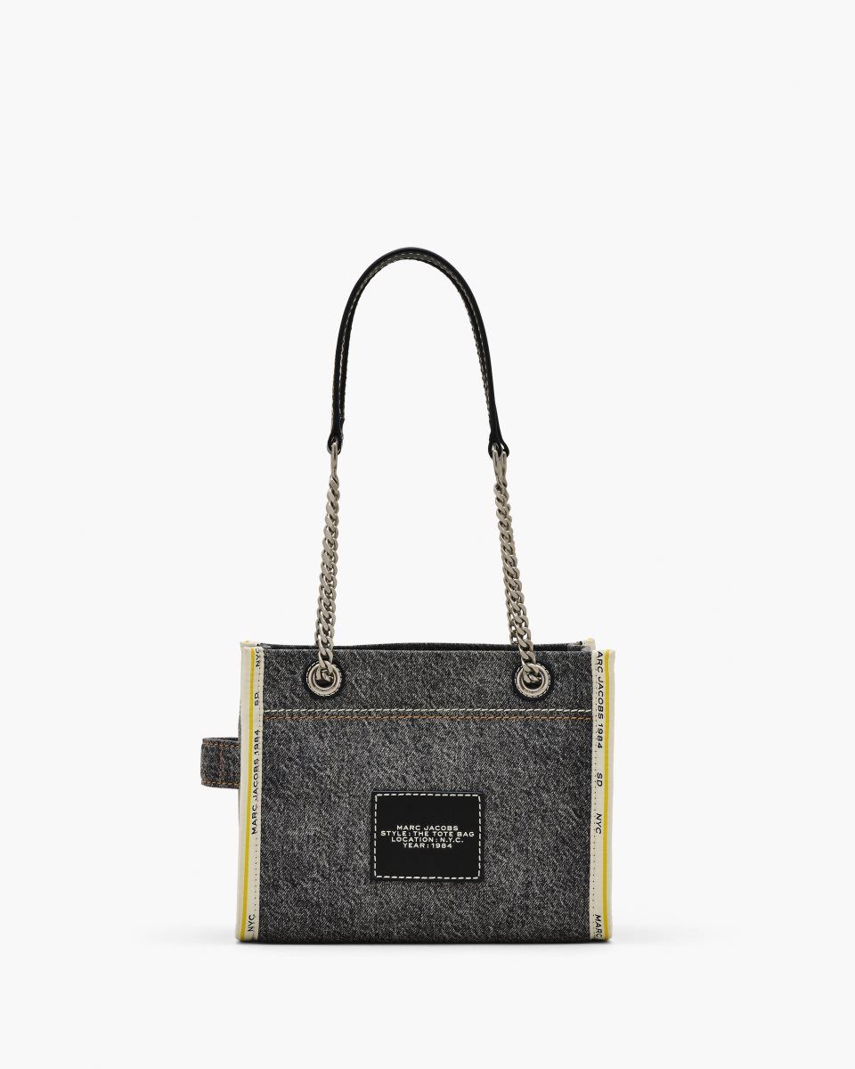 Black Wash Marc Jacobs The Denim Chain Small Tote Bag | 923IFHUTX