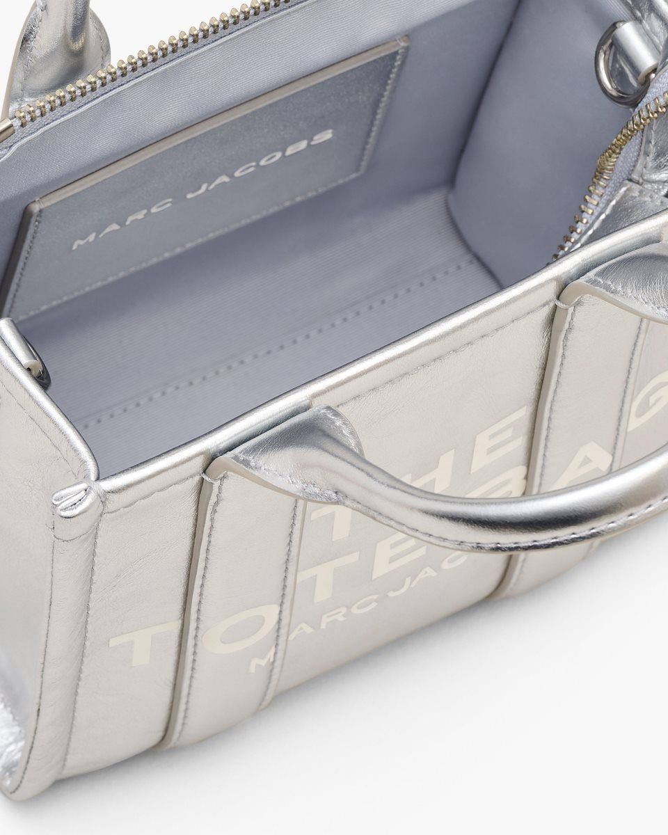 Metal Silver Marc Jacobs The Metallic Leather Crossbody Tote Bag | 471ZFMSBJ