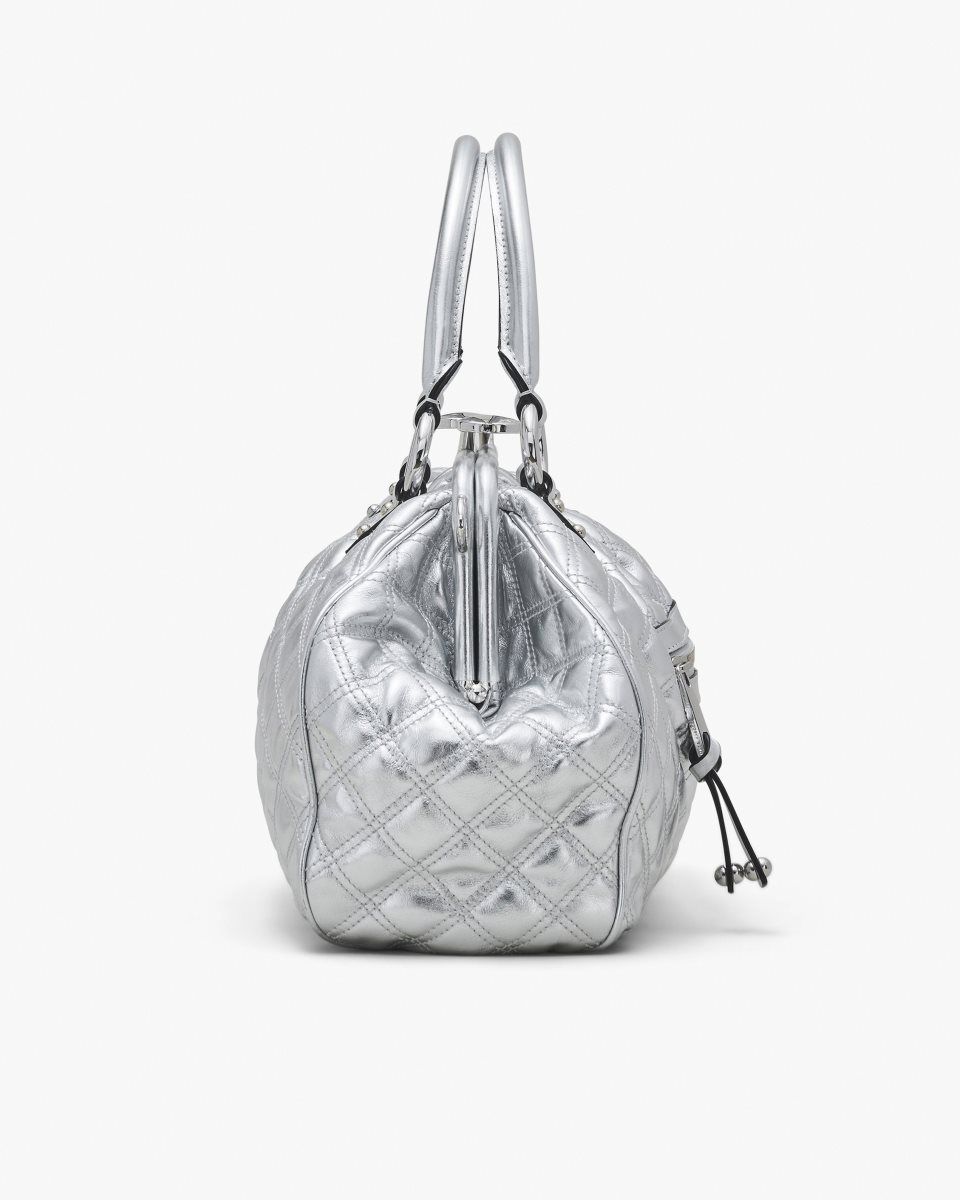 Silver Marc Jacobs Re-Edition Quilted Metallic Leather Stam Bag | 732IRKENQ