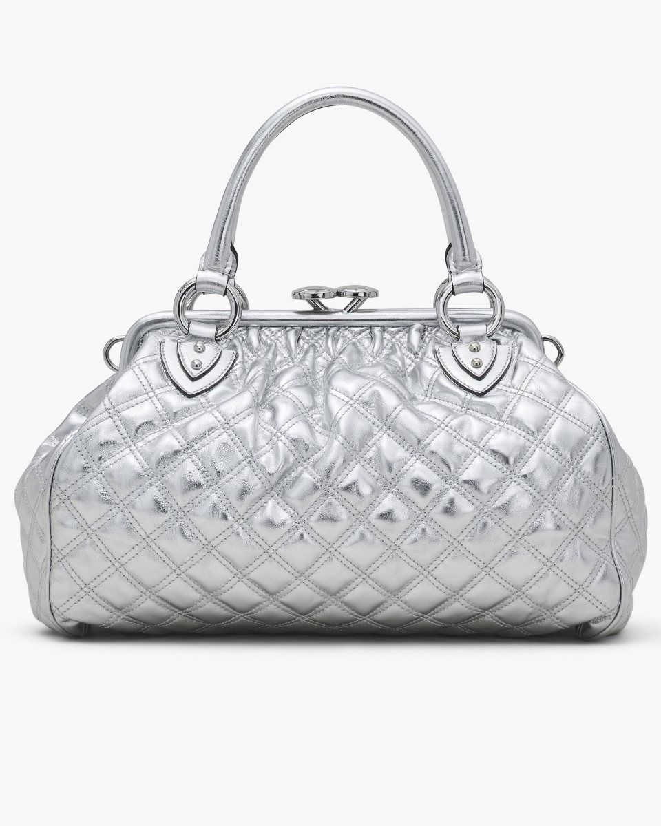 Silver Marc Jacobs Re-Edition Quilted Metallic Leather Stam Bag | 732IRKENQ