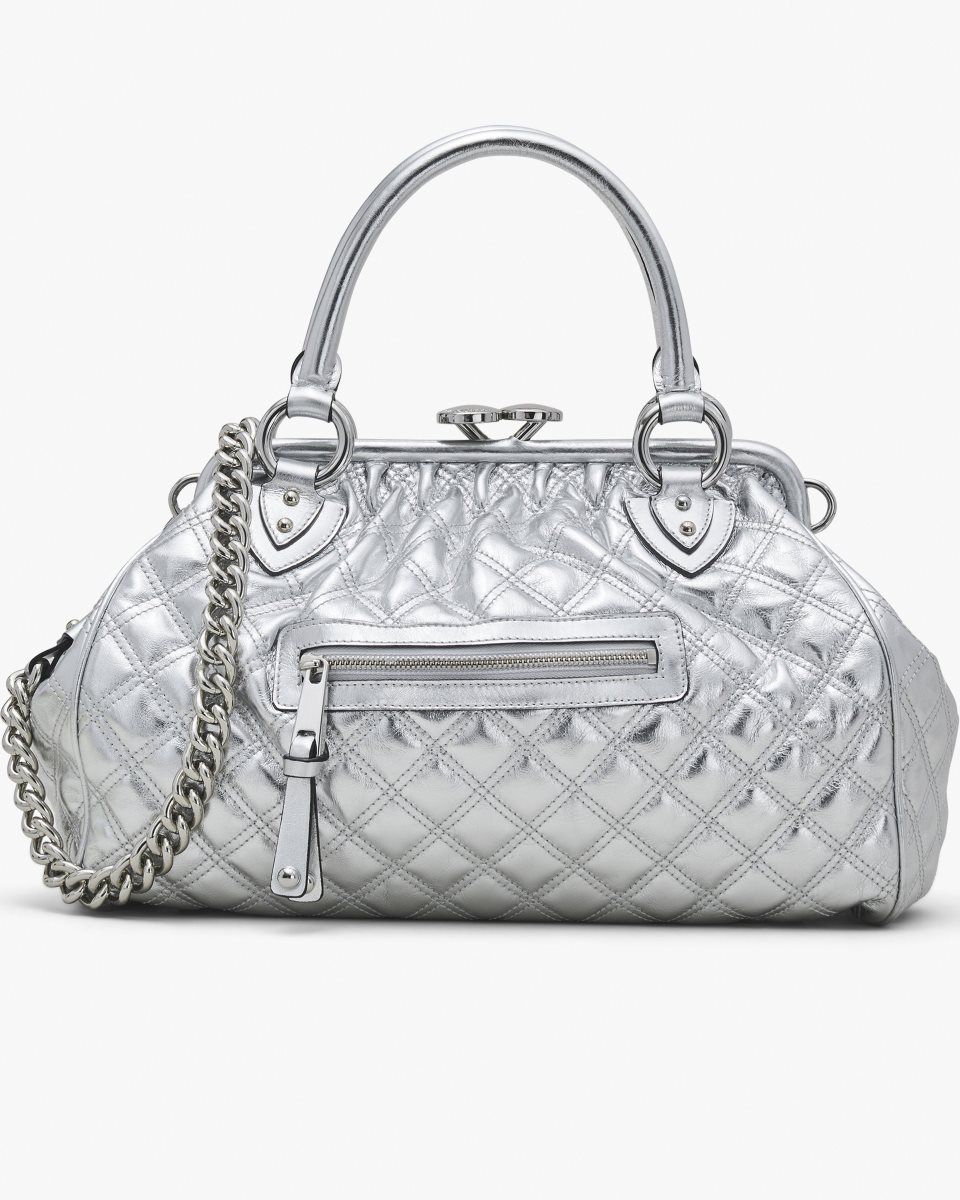 Silver Marc Jacobs Re-Edition Quilted Metallic Leather Stam Bag | 732IRKENQ