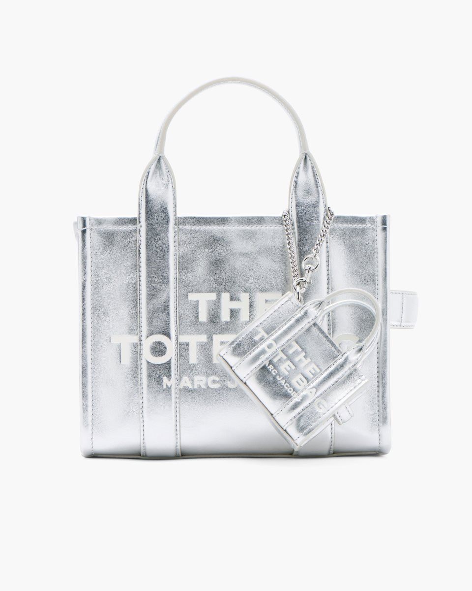 Silver Marc Jacobs The Metallic Leather Nano Tote Charm | 612WGZRYO