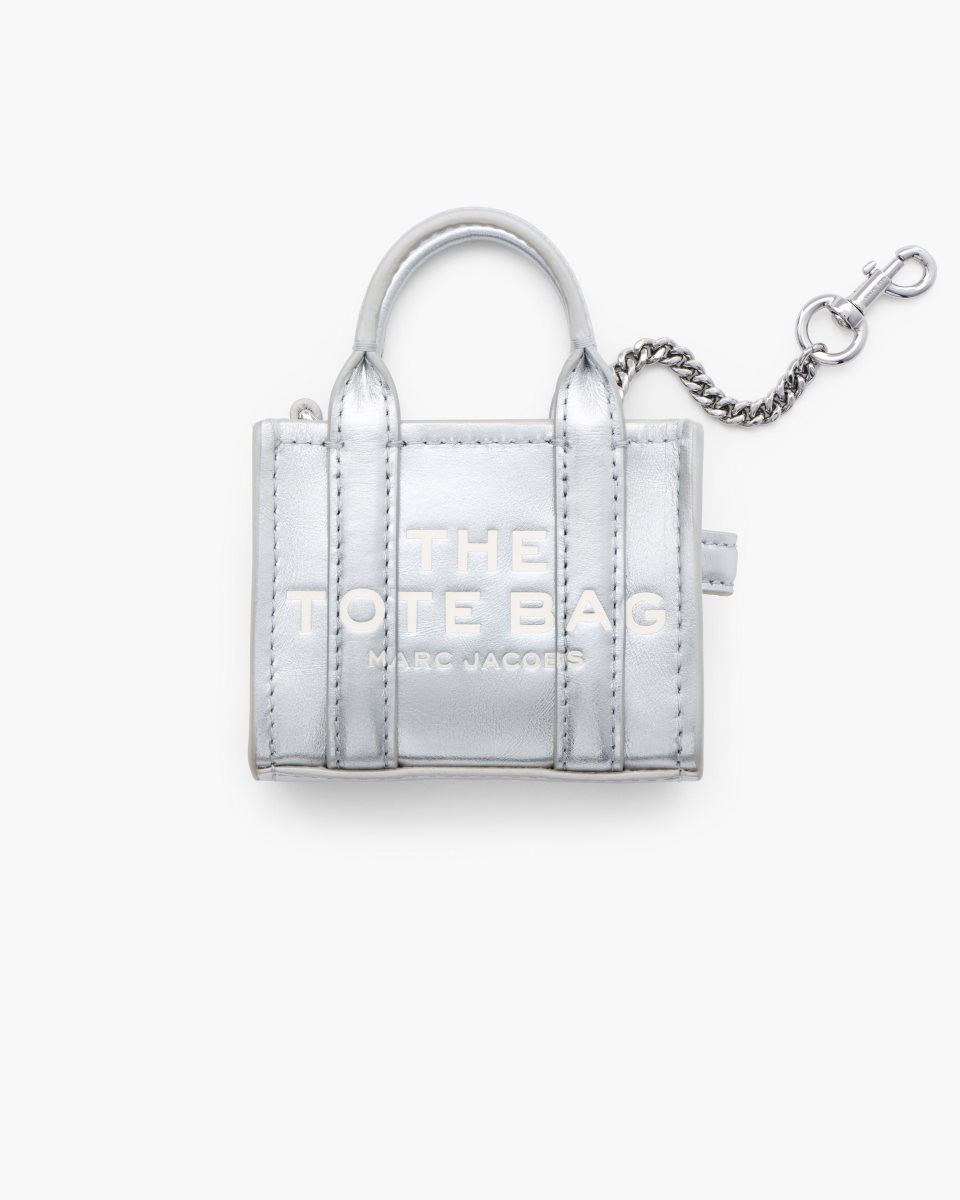 Silver Marc Jacobs The Metallic Leather Nano Tote Charm | 612WGZRYO